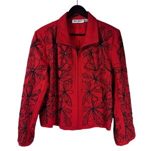 Vtg ANAGE Red Black Embroidered Zip-Front Women's Jacket XL Floral Beaded Detail